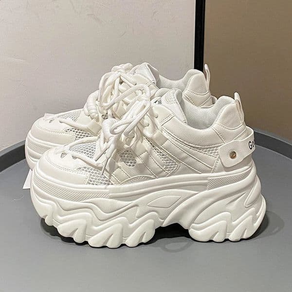Summer Breathable Mesh Sneakers 8CM Hidden High Heels Spring High Platform Sports Dad Shoes Womens Wedge Casual Short and Fat Sneakers 241203