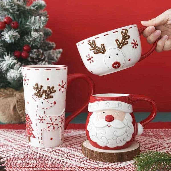 Christmas Creative Ceramic Mug Santa Claus Elk Embossed Coffee Cup Breakfast oatmeal Milk cups Home Water Cup Christmas GiftXJ241205