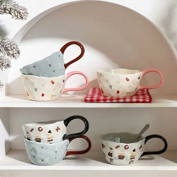 300ml Hand Pinched Irregular Ceramic Mugs Cute Bear Rabbit Coffee Cups Milk Cup for Kids Breakfast Oatmeal Cup Festival giftXJ241205
