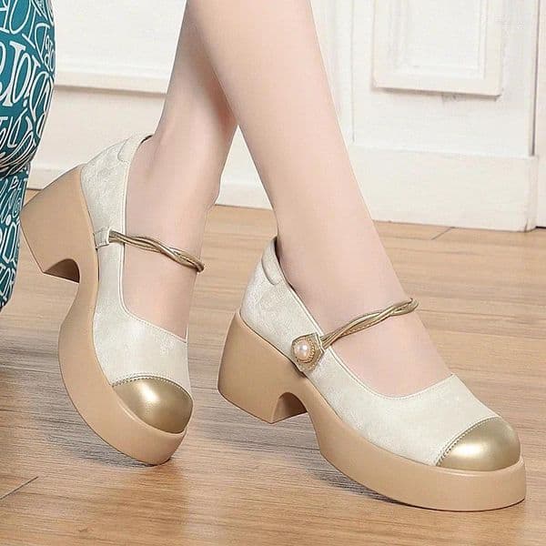 Dress Shoes 5.5cm Fashion Shallow Mouth Mix Color Thick Bottom Med Block Heels 2024 Fall Soft Leather Mary Janes Women For Office Mom