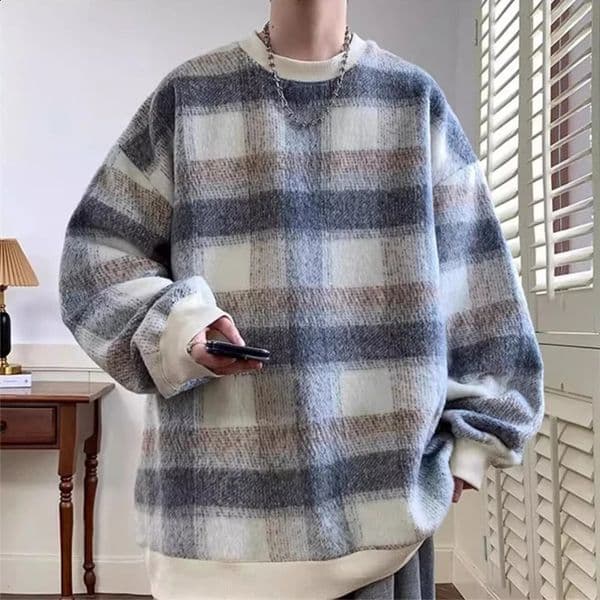 Autumn Plaid wool round neck sweatshirt for men Y2K retro gradient striped pullover hoodie High Street loose knit clothing 241205