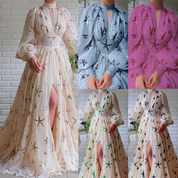YX2024 multi colored bulk semi high collar sequin slit lantern sleeve big swing chiffon dress 2024 new casual versatile fashion clothing