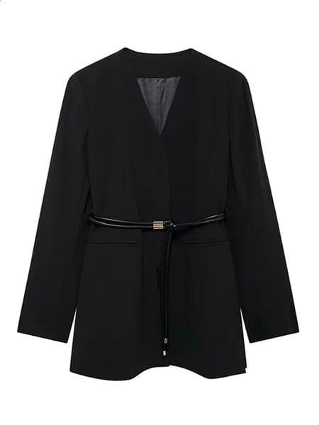 Solid V Neck Belt Women Coat Sets High Waist Wide Leg Lady Long Pant Set 2024 Autumn Full Sleeve Side Split Female Top Suit 241202Z