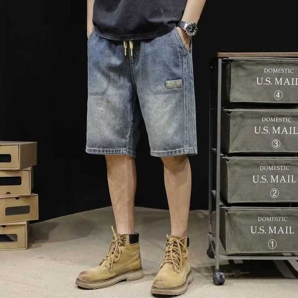 Mens Loose-fit Denim Shorts Casual Trendy Summer Fashion Light Blue Mid-length Five-minute Shorts For Men Riding BreechesXJ241206