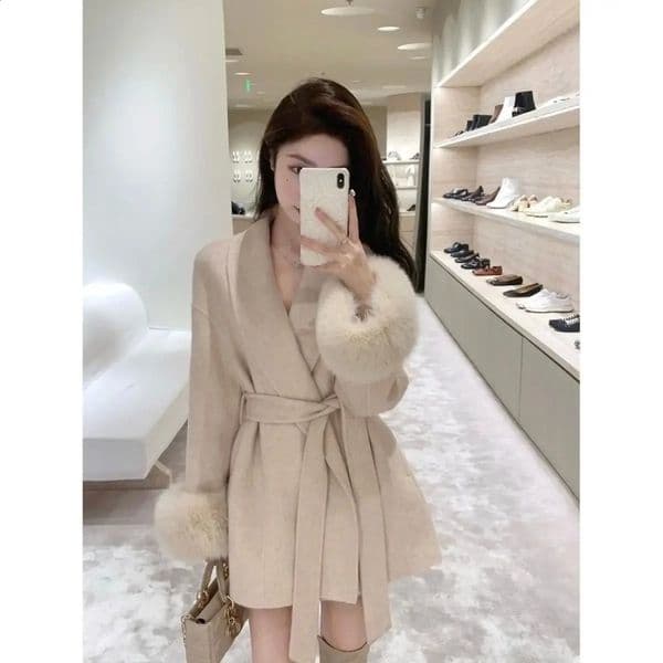 Korean fashion black tied wool coat womens clothing spring and summer loose high-end patchwork fur coat winter coat 241205