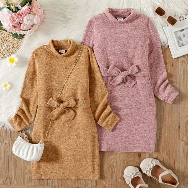 Kid Girl Solid Color Turtleneck Belted Long-sleeve Dress (Bag is not included) Perfect for Outings and Daily WearXJ241206