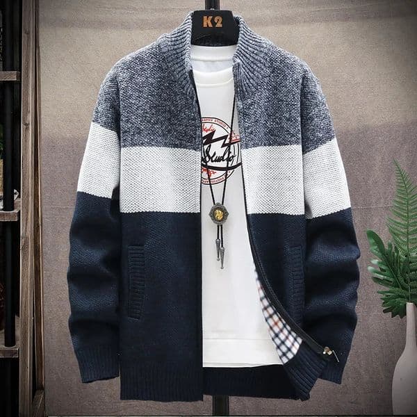 Autumn winter cardigan mens wool zipper sweater velvet contrast striped jacket casual 241206