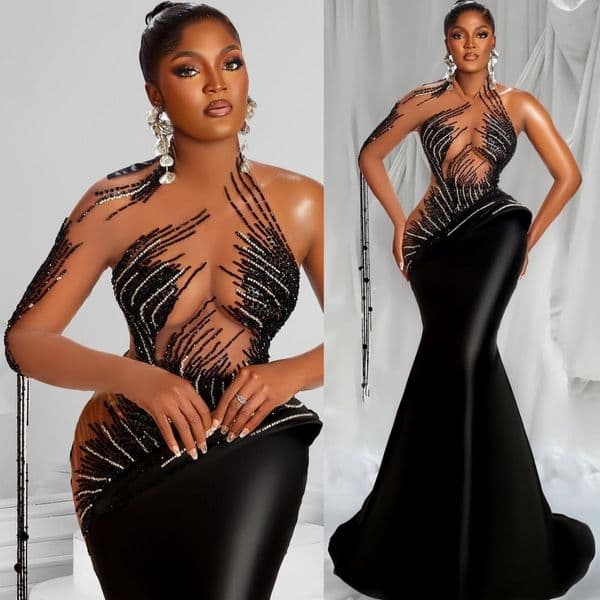 Black Illusion Mermaid Prom Dresses 2025 Beadings Satin Sheer Neck Evening Formal Party Second Birthday Engagement Gowns Plus Size Dress For Special Occasions