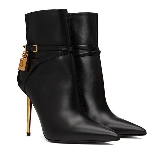 Winter Luxury Brand Women Padlock Leather Ankle Boots Gold Metal Stiletto Heel Boot Party Wedding High Quality Lady Pointed Toe Booties EU35-43