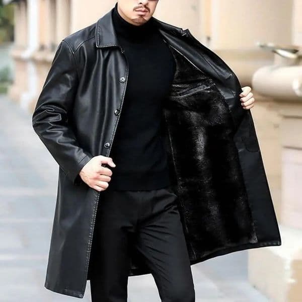 Men Autumn Winter Faux Leather Windbreaker Lapel Long Sleeve Pockets Single Breasted Fleece Lining Jacket Coat Loose Outwea 241202