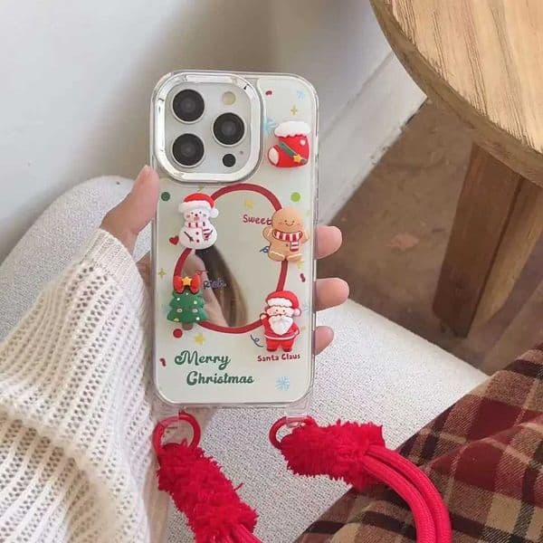 New Arrival Christmas Tree Snowman Tether Phone Case for iPhone 16 15 14 12 11 Pro Max Plus New Year Gift Cover with Plush Hand Rope Z241209