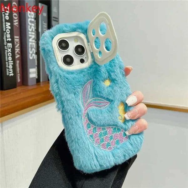 New Arrival Plush Embroidered Mermaid Star Camera Lens Phone Case Suitable for iPhone 16 Pro Max 15 14 Plus 13 12 Pro Max Fluffy Soft Cover Z241209