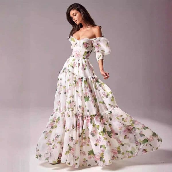 New off shoulder women's fashion organza fairy long style evening dress 2024 versatile new trendy clothing ins