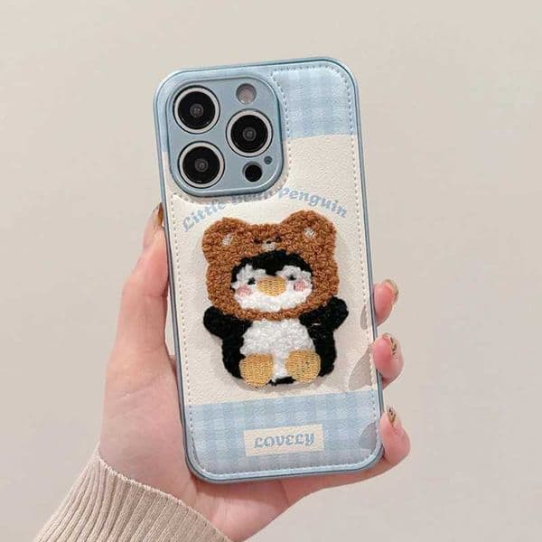 New Arrival Cute blue grid plush bear penguin phone case suitable for iPhone 13 14 15 16 Pro Max soft leather drum back cover Z241209