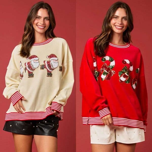 Autumn Winter New European And American Christmas Decoration Sequined Corduroy Hoodie, Color Blocked Striped Top For Women