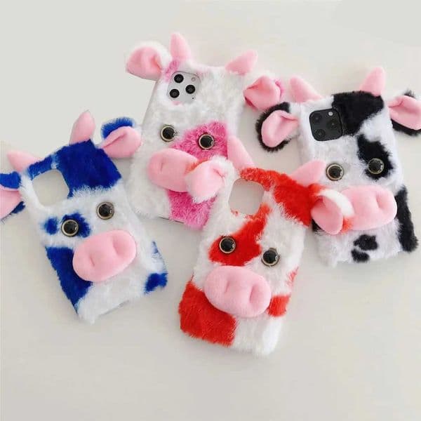 Hot Sale 3D cartoon cute cow fur phone case cover suitable for iPhone 16 12 13 14 15 Pro Max Galaxy S22 S23 FE S24 Plus Note 20 Ultra T241209