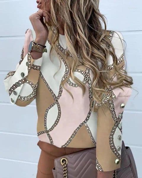 Womens Blouses Casual Round Neck Solid Shirt For Women Elegant Single Breasted Long Sleeve Print Top 2024 Autumn Fashion Office Lady