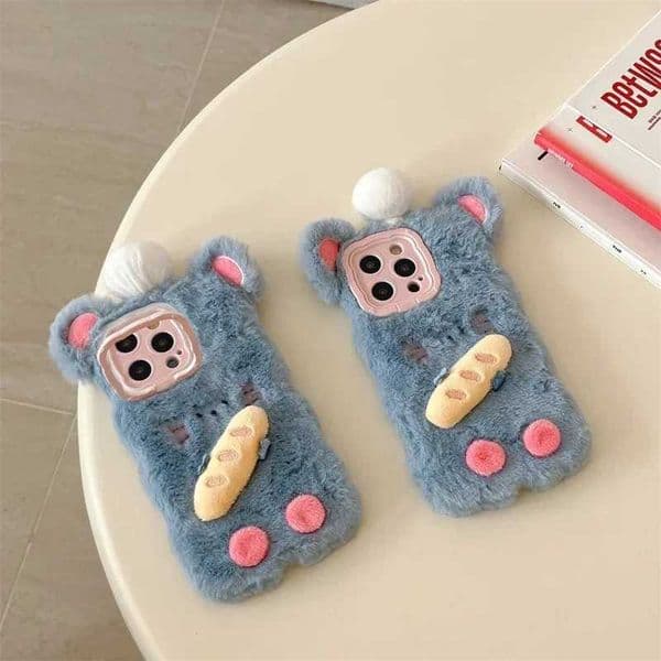 Cute mouse plush fur phone case suitable for iPhone 16 15 14 13 Pro Max 14 Plus 15 Plus soft fur shock-absorbing 3D warm cover M241209