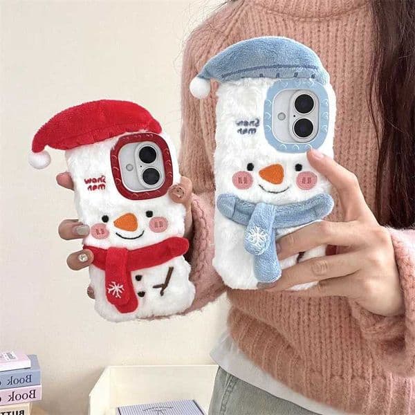 Kawaii Fluffy Snowman phone case for iPhone 16 Pro 15 13 14 Pro Max cover Christmas cute plush phone case for 15 Pro Max Funda M241209
