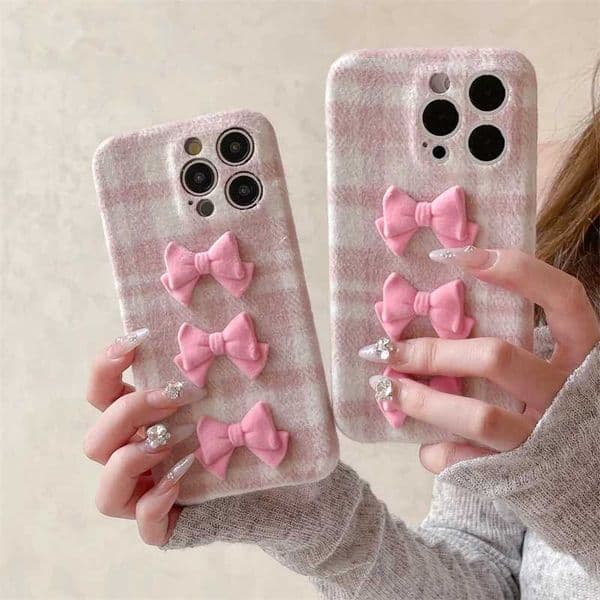 Hot Sale Fashionable pink bow wool plain weave phone case suitable for iPhone 16 Pro 13 14 15 Pro Max cover with soft fabric phone case suitable for 15 16 plush fu T241209