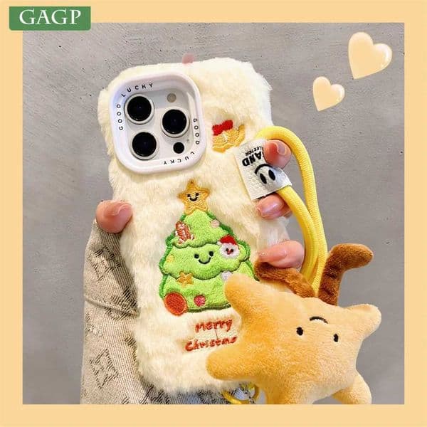 New Arrival Christmas tree fur bracelet cover suitable for iPhone 16 15 14 13 12 Pro Max 16 cut cartoon winter star pendant shock-absorbing cover Z241209