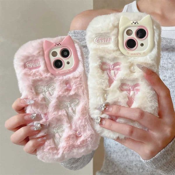 Soft and fluffy plush bow cat ear 3D pearl phone case suitable for iPhone 14 15 16 Plus 13 Pro Max 11 12 warm winter fur cover M241209