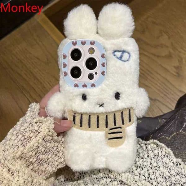 New Kawaii Cute Plush Scarf Rabbit Phone Case iPhone 16 Pro Max Phone Case 15 14 13 11 Cartoon Soft Cover Girl Birthday Gift M241209