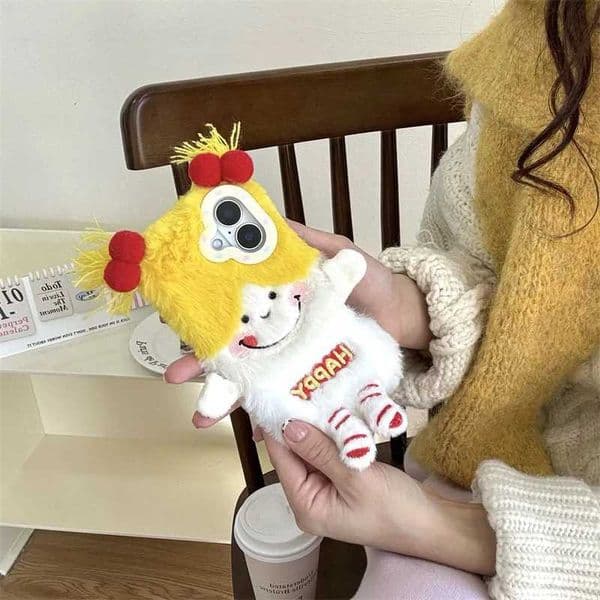 3D Cute Plush Yellow Hair Happy Girl Phone Case iPhone 16 Promax 15 14 13 11 Protective Cover Winter Gift M241209
