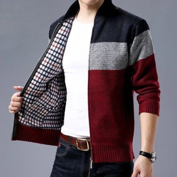 Mens cardigan for autumn and winter warm thick and fashionable knitted sweater jacket spliced color lock bracket zipper jacket 241205