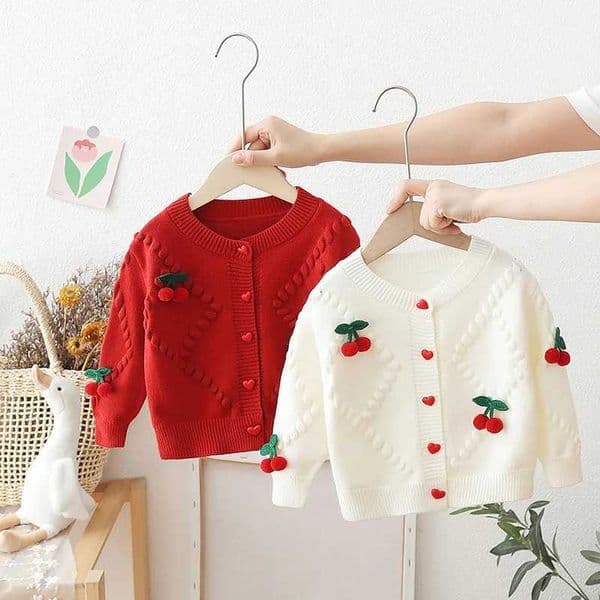 Girls Sweaters Cardigan Spring Autumn New Love Button Warm Sweater Coats Korean Girls Cute Cherry Thicked Knitted TopsXJ241212