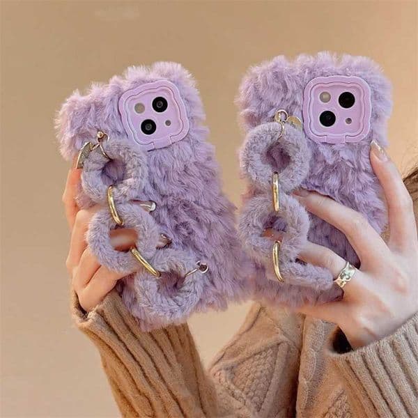 Hot Sale Fashionable Korean Purple Plush Bracelet Silicone Case Suitable for iPhone 16 Pro Max 15 14 13 12 Winter Fluffy Cute Shockproof Cover T241209