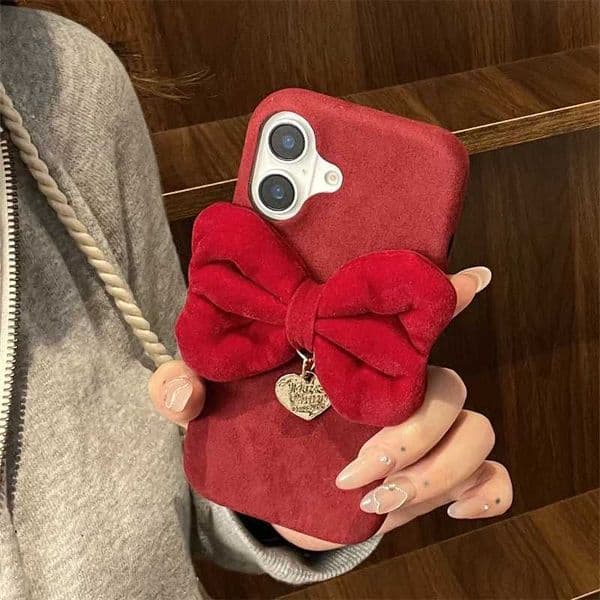 New Arrival Vintage red plush Christmas bow phone case suitable for iPhone 16 15 13 12 Pro Max Fashion Love Heart shockproof back cover fund Z241209