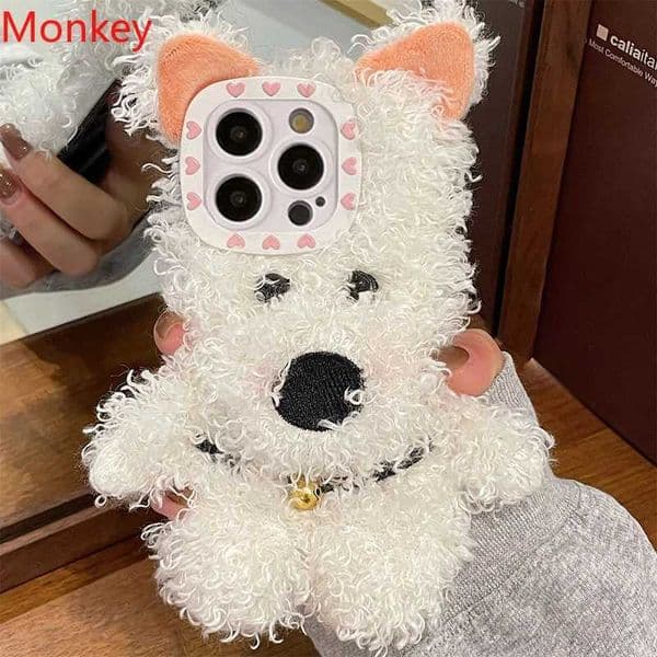 New Arrival 3D Cute Western Highland Dog Fluffy Plush Phone Case Suitable for iPhone 16 Plus 15 Pro Max 14 13 12 Warm and Soft Silicone Back Cover Z241209
