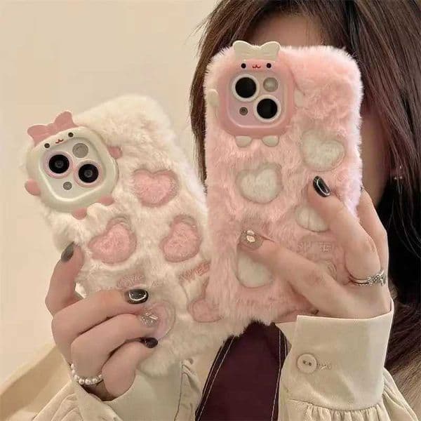 Hot Sale Korean Cute Love Heart Plush Warm Fluffy Phone Case Suitable for iPhone 14 Pro Max Phone Case 13 Pro 12 11 Fur Soft Silicone Back Cover Coque T241209