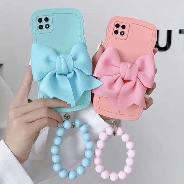 Hot Sale Bow ring chain liquid silicone wave phone case for Galaxy S24 S23 S22 S20 FE Ultra Plus 5G A06 A16 soft covers T241209