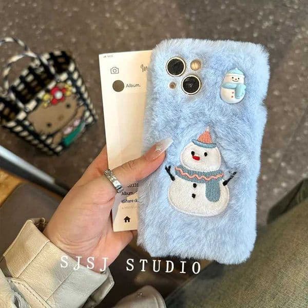 Hot Sale Sky blue plush Christmas snowman iPhone 16 ProMax phone case 13/11 iPhone 15/14 Pro all inclusive 12/XS soft T241209