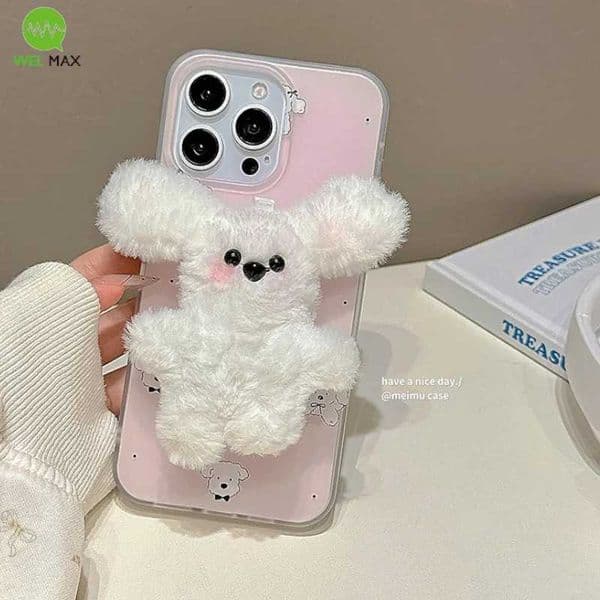 Cute 3D plug dog cartoon holder phone case iPhone 16 15 14 13 12 Pro Max shockproof and anti fall TPU soft shell girl gift M241209