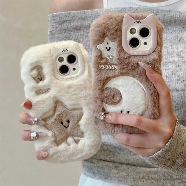 New Arrival Suitable for iPhone 14 15 16 Plus 13 Pro Max 11 12 fluffy and warm winter fur cover with soft plush cute starry moon phone case Z241209