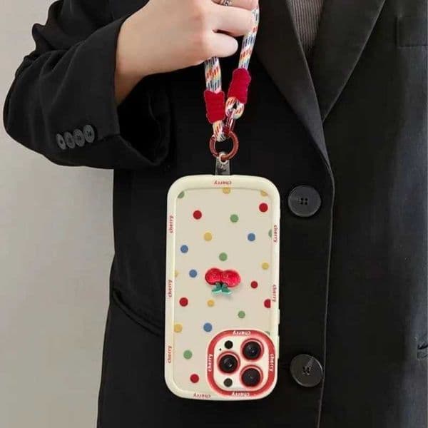 Cream shell painted cherry doll with colorful polka dot phone case with hanging rope for iPhone 11 12 13 14 15 16 Pro Max M241209