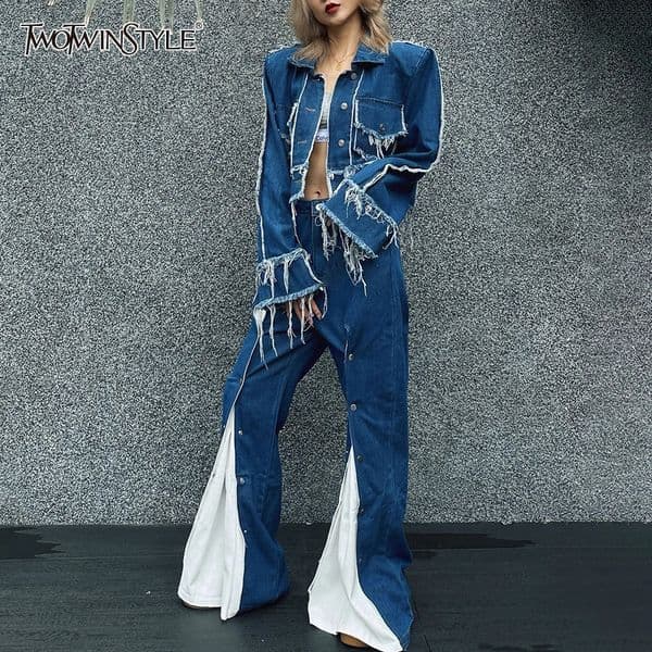 TWOTWINSTYLE Color Lock Denim Two Piece Set for Womens Collar Long Sleeve Coat High Waist Flash Pants Retro Set for Womens Clothing 241202