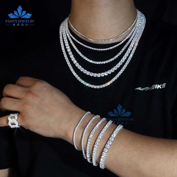 Wholesale Price Hip Hop Style 925 Sterling Silver Moissanite Tennis Chain VVS Diamond Necklace with 2mm 3mm 4mm 5mm 6.5mm Sizes