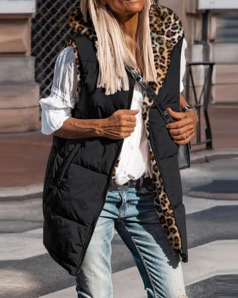 Winter coat womens double-sided leopard print vest sleeveless wool jacket zipper hoodie pocket long clip cotton jacket 241210
