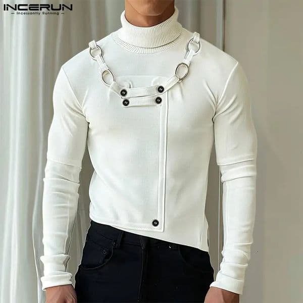 Autumn Fashion Men Clothing INCERUN Metal Buckle Sweaters Casual Streetwear Male Solid High Neck Long Sleeved Pullovers 241209