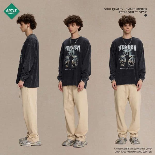 2024 Autumn 250g Wash Water Grinding Edge Round Neck Long Sleeve T-shirt for Men's Street Trendy Brand Retro No Touch Printed T