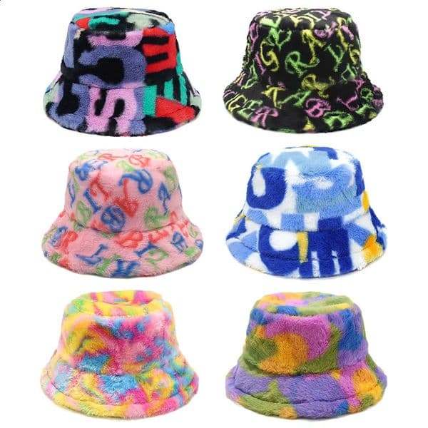 Winter Artificial Fur Fluffy Warm Bucket Hat Womens Letter Printing Panama Plush Velvet Fisherman Winter Hat Bob 241205