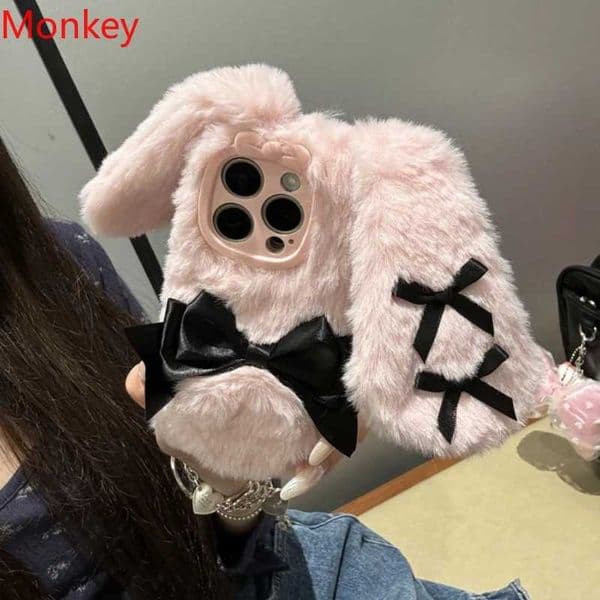 Hot Sale Cute butterfly fluffy rabbit ear doll animal phone case suitable for iPhone 16 15 Plus 14 13 11 Pro Max Tpu soft and warm plush fur cover T241209