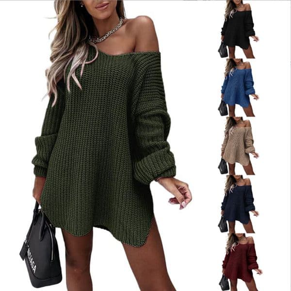Casual Dresses Solid Color Loose Knit Sweater Autumn And Winter New Style Pullover V-Neck Sweater For Women