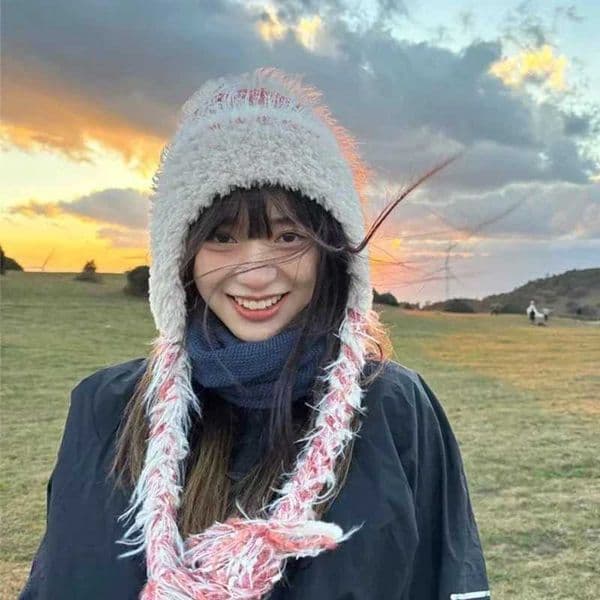 Striped Knitting Hat Winter Thickened Warm Ear Protection Head Contrast C Women Winter Hat Ethnic Style Lei Feng HatX241210