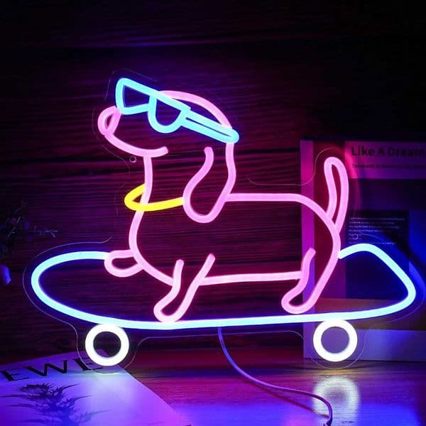USB Dimmable Cute Dachshund on Skateboard Neon Sign LED Light for Kids Bedroom Game Room Bar Decor Wall Art Pet Lover Gift X260514