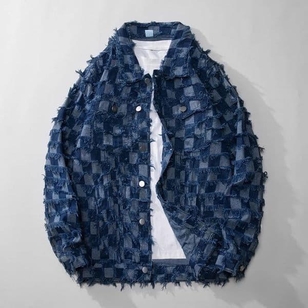 Spring and autumn vintage blue checkered denim jacket pure cotton Jaqueta jeans street loose Chaquetas Hombre mens jacket 241209
